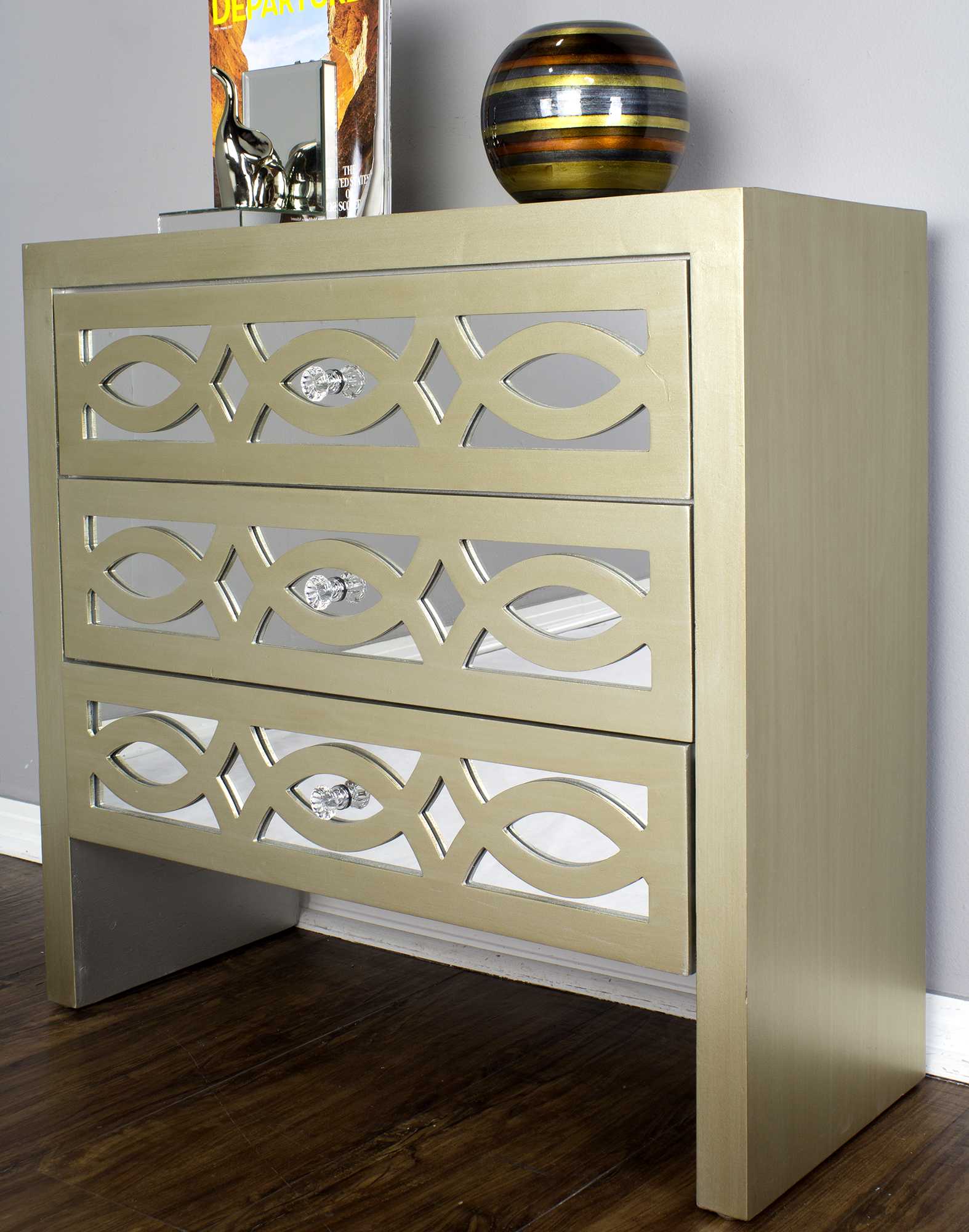 Champagne MDF Wood Mirrored Glass Cabinet with  Drawers with Mirror Accents and Carved Front
