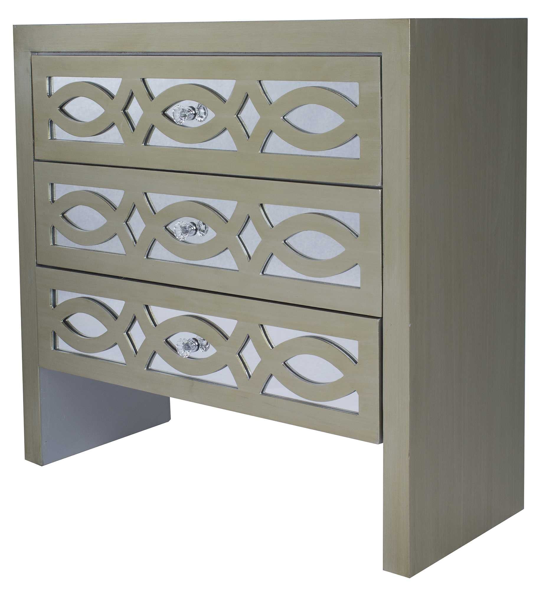 Champagne MDF Wood Mirrored Glass Cabinet with  Drawers with Mirror Accents and Carved Front