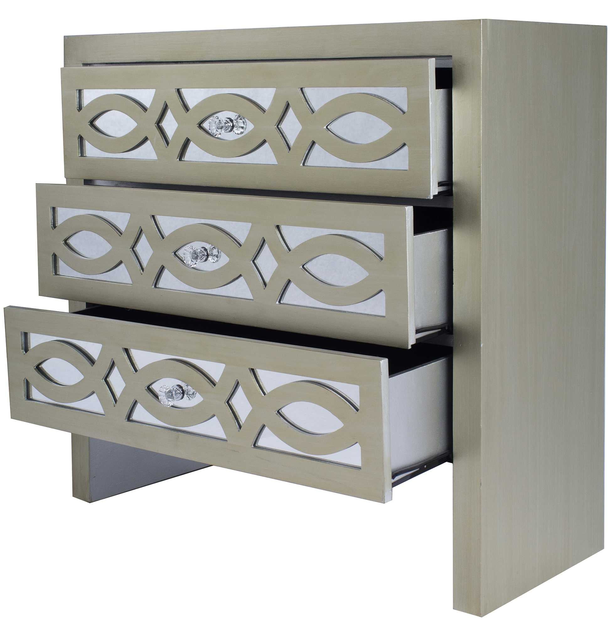 Champagne MDF Wood Mirrored Glass Cabinet with  Drawers with Mirror Accents and Carved Front