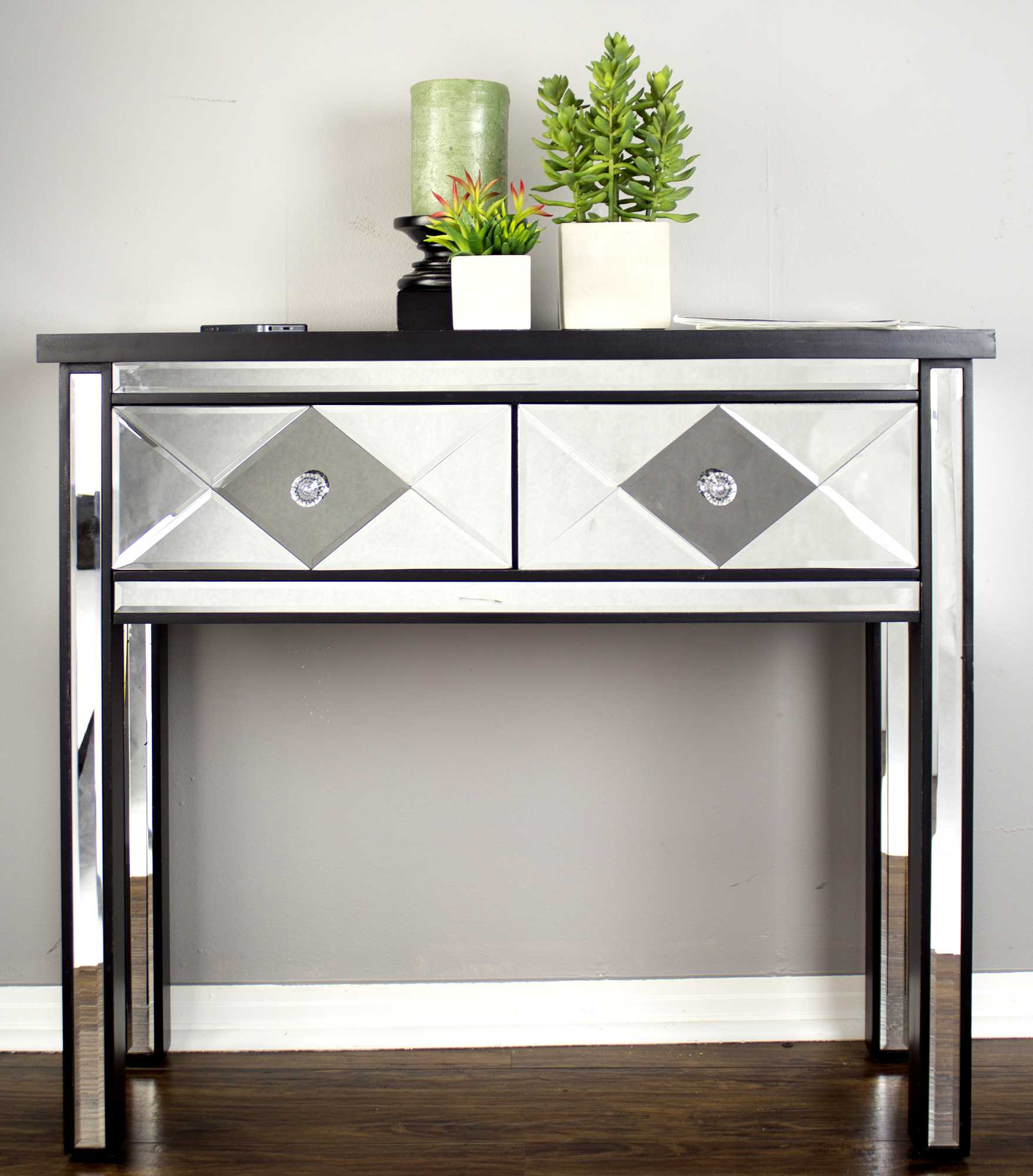 41" X 18" X 22" Black MDF  Wood  Mirrored Glass Console Table with  Drawers