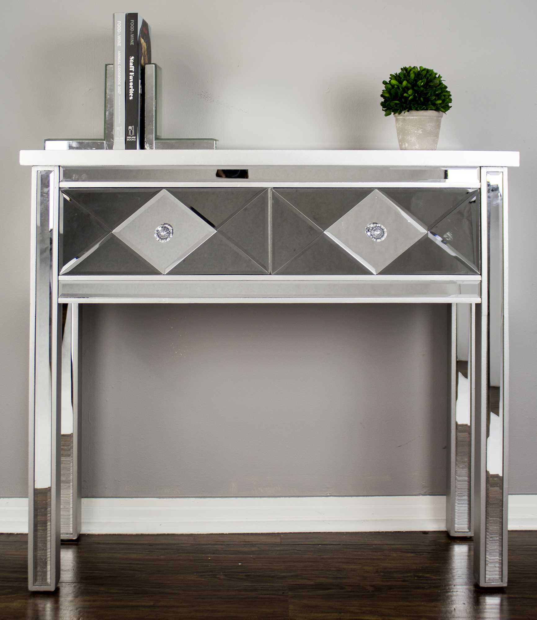 41" X 18" X 22" Silver MDF  Wood  Mirrored Glass Console Table with  Drawers