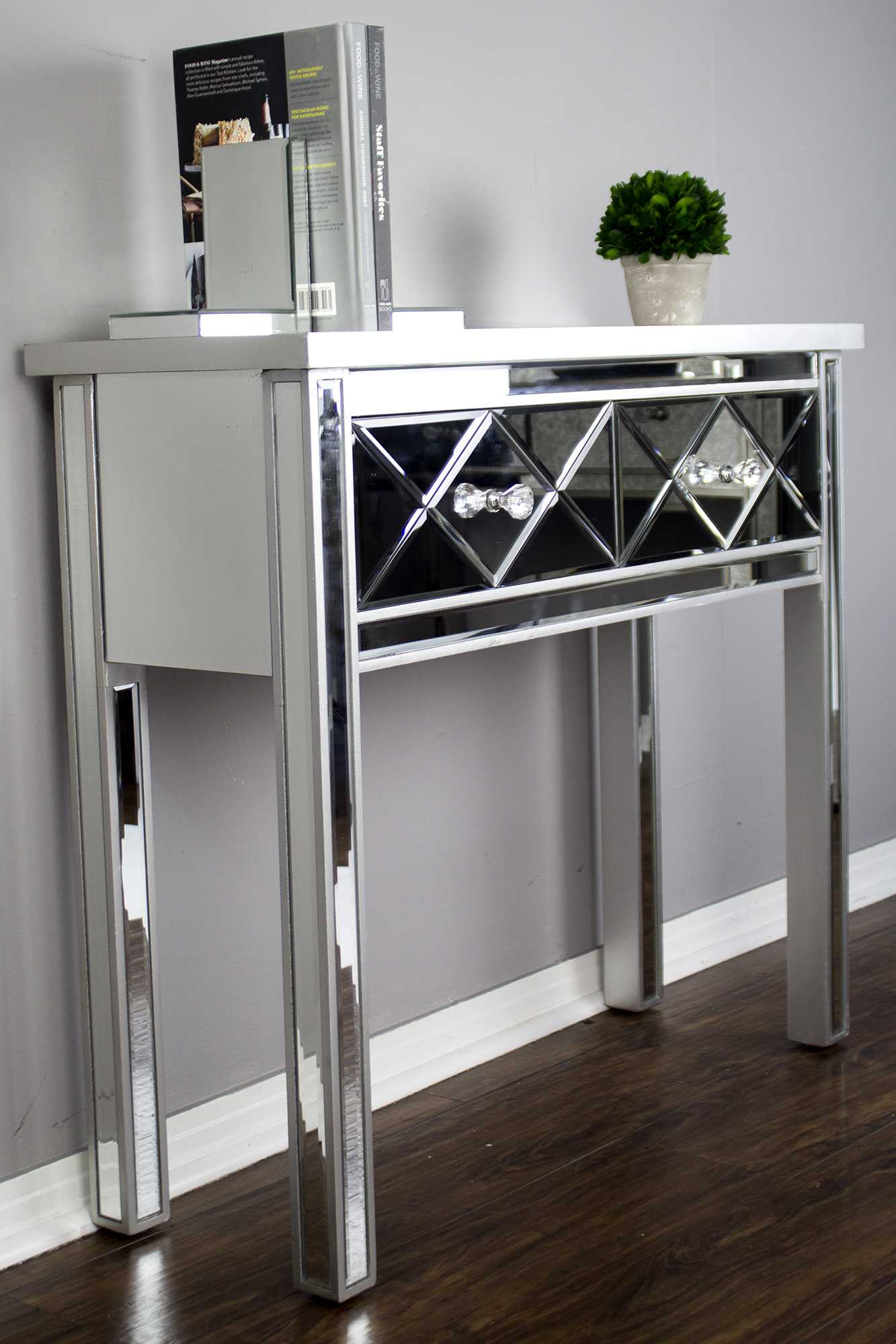 41" X 18" X 22" Silver MDF  Wood  Mirrored Glass Console Table with  Drawers