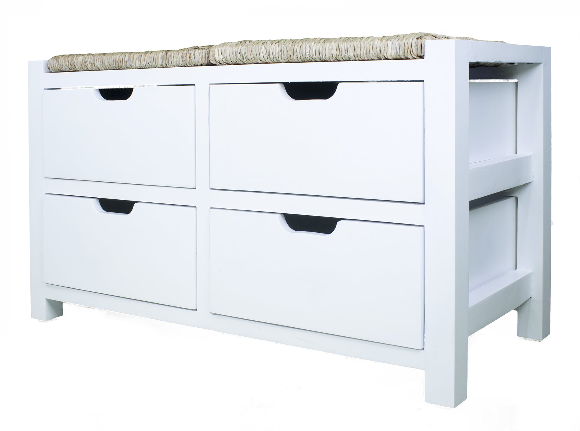 32" X 15" X 21" White W  Natural Sea Grass Wood  MDF  Seagrass Bench with Drawers and a Seagrass Top