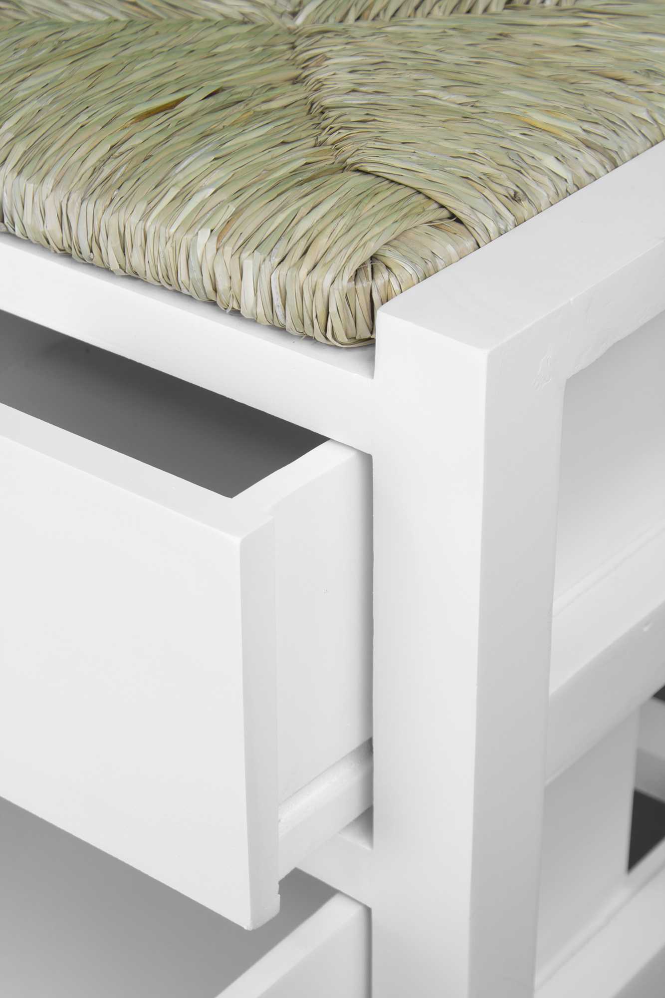 32" X 15" X 21" White W  Natural Sea Grass Wood  MDF  Seagrass Bench with Drawers and a Seagrass Top