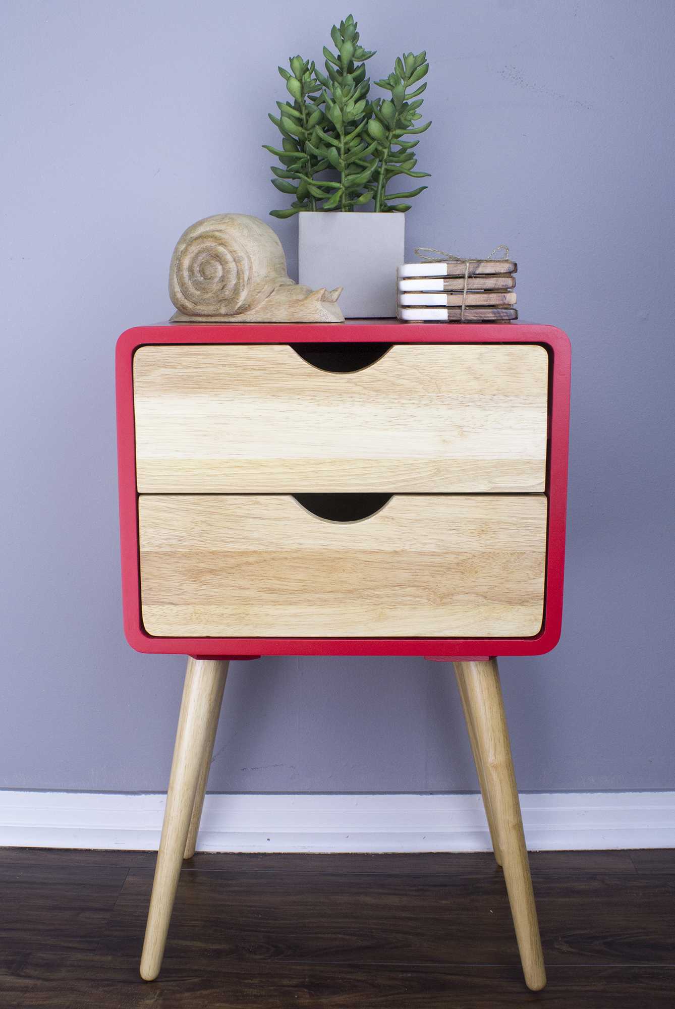 16" X 12" X 26" Red MDF  Wood End Table with  Drawers