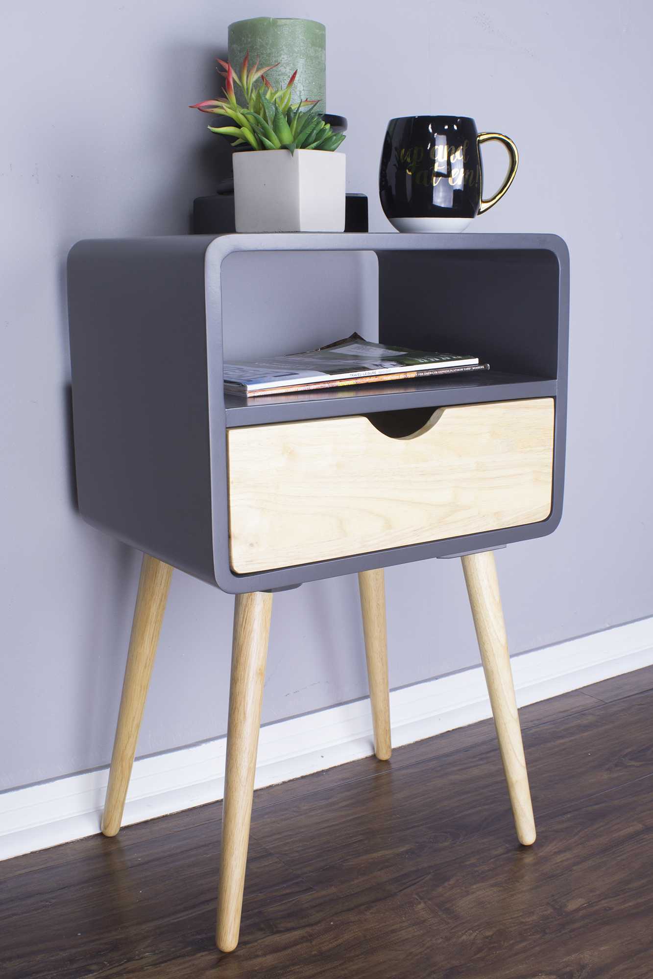 16" X 12" X 26" Graphite MDF  Wood End Table with  Drawer and  Shelf