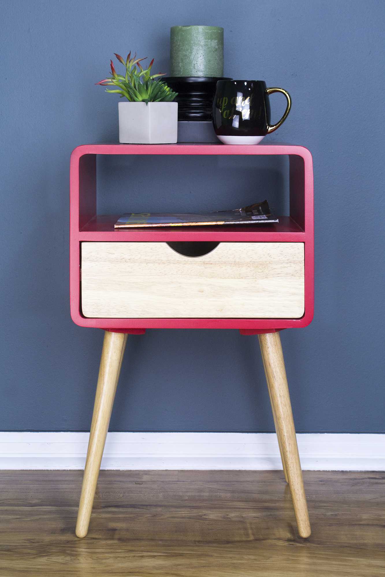 16" X 12" X 26" Red MDF  Wood End Table with  Drawer and  Shelf