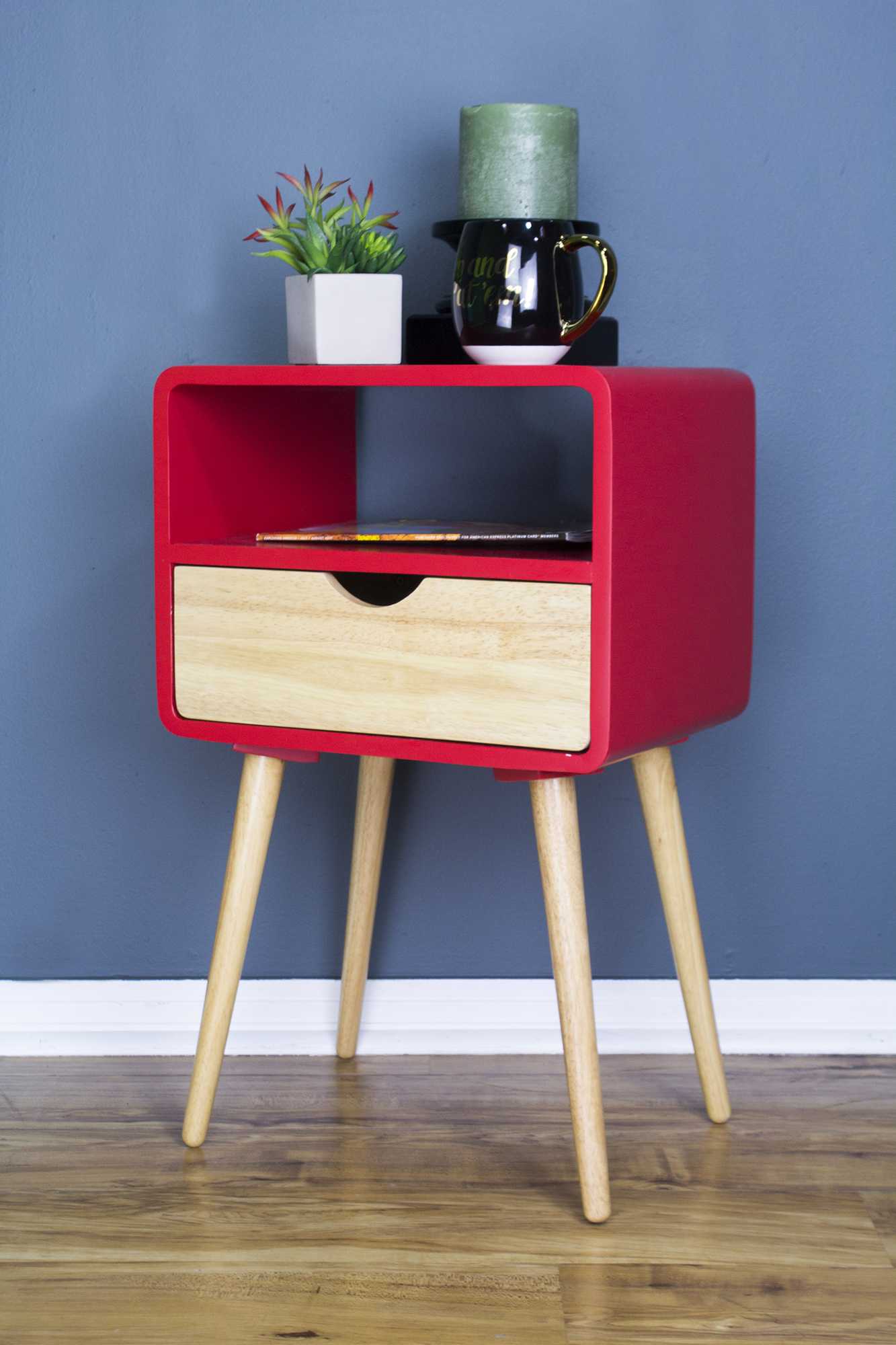 16" X 12" X 26" Red MDF  Wood End Table with  Drawer and  Shelf