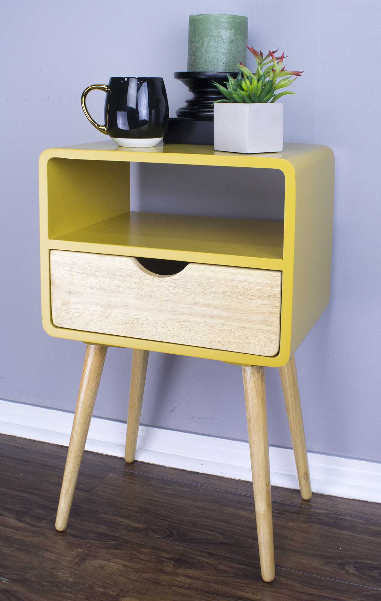 16" X 12" X 26" Yellow MDF  Wood End Table with  Drawer and  Shelf
