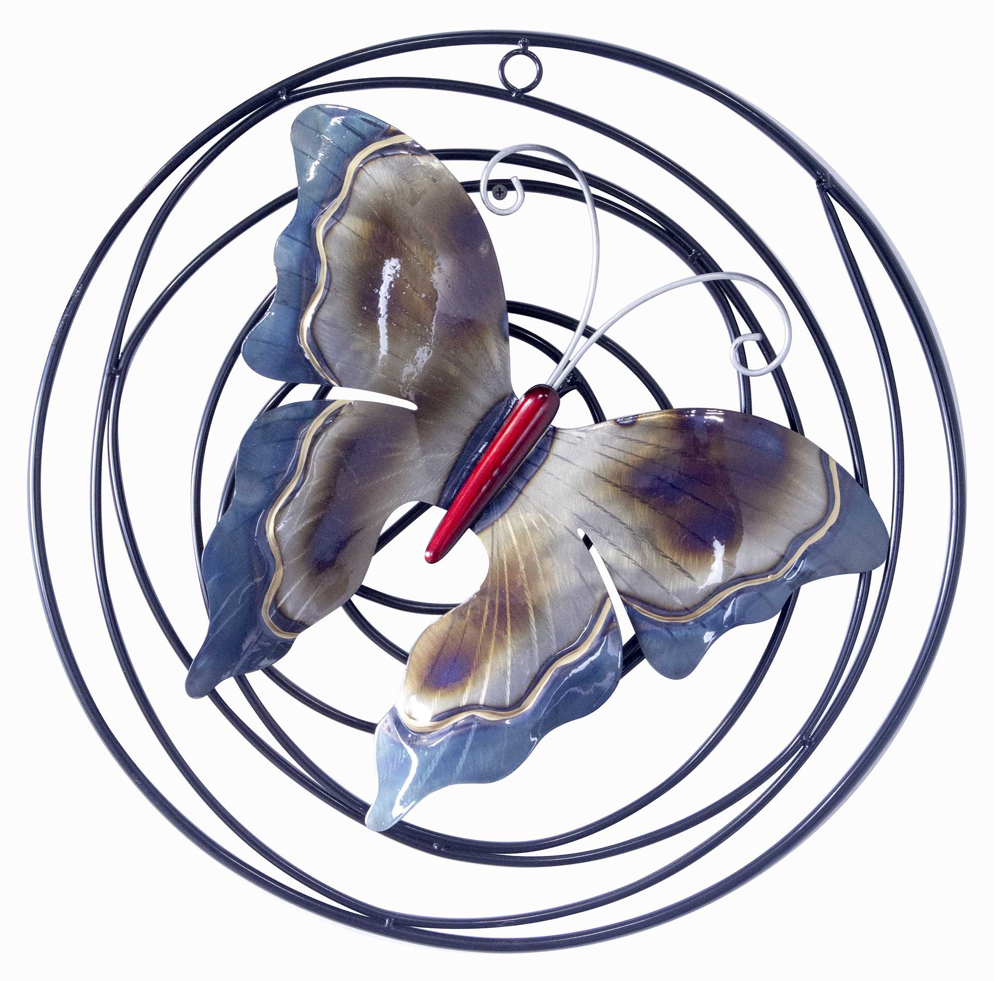 22" X 3" X 23" Metallic Multi Color Metal Large Butterfly On Iron Circles Wall Décor