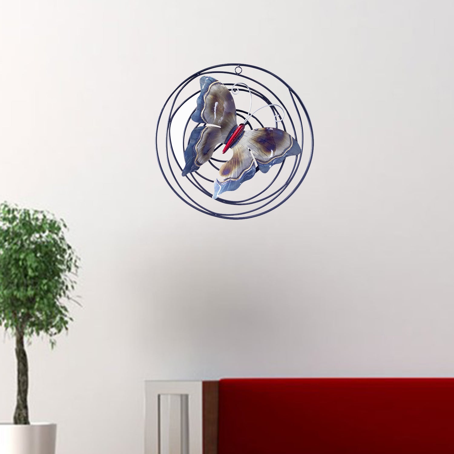 22" X 3" X 23" Metallic Multi Color Metal Large Butterfly On Iron Circles Wall Décor