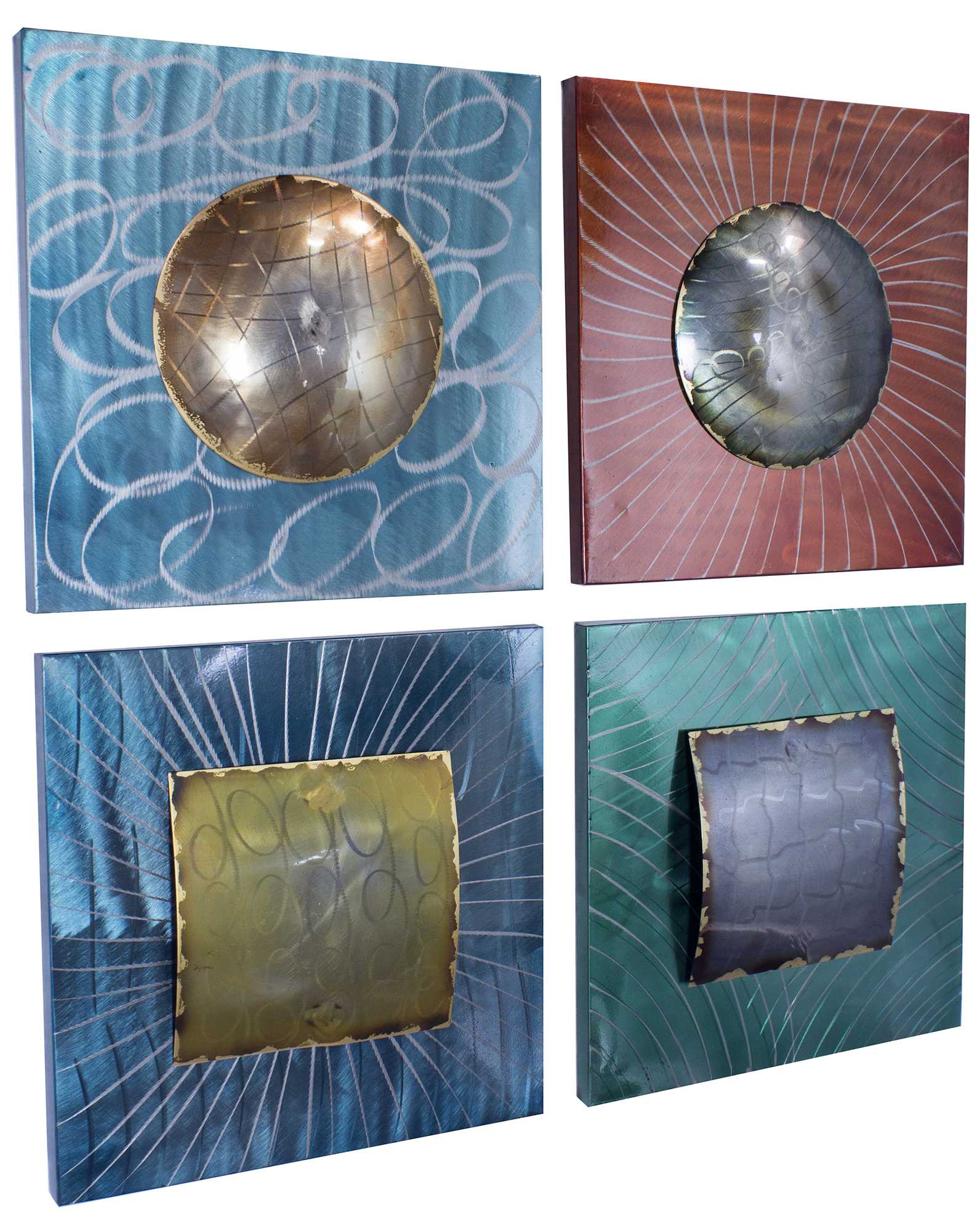 17" X 10" X 16.5" Metallic Multi Color Metal Layered Metallic Shapes On Square Panels Set
