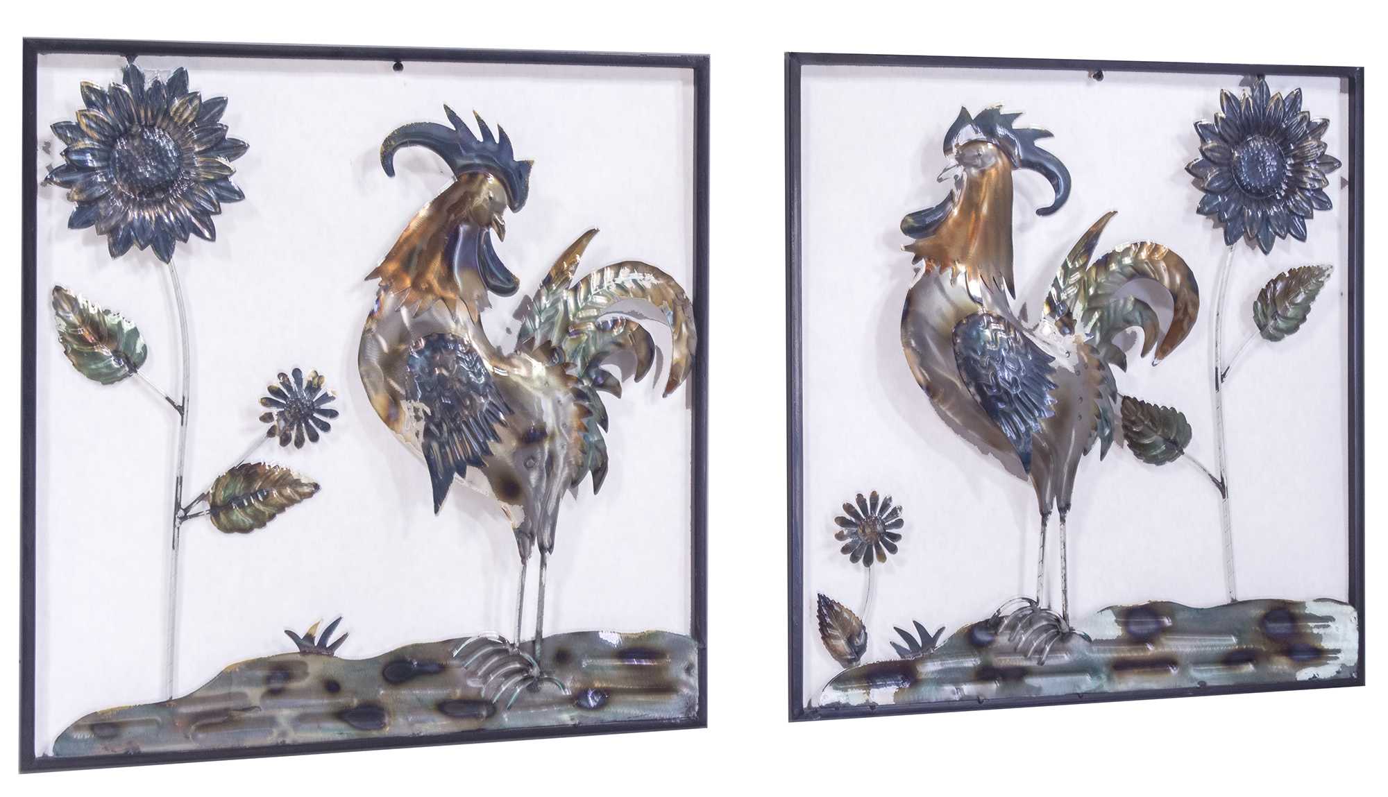 Metallic Multi Color Roosters And Sunflowers Wall Art Set