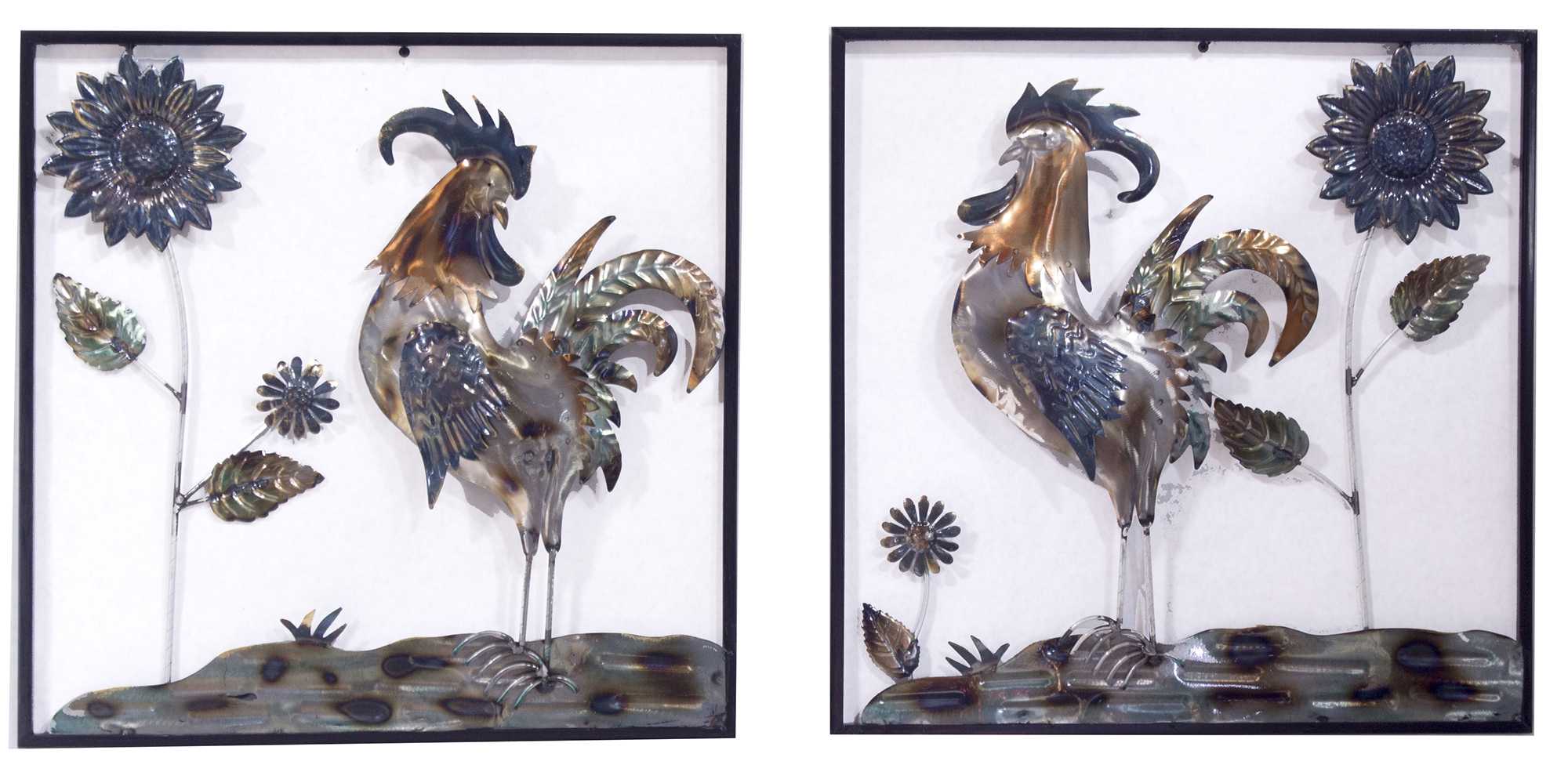 Metallic Multi Color Roosters And Sunflowers Wall Art Set