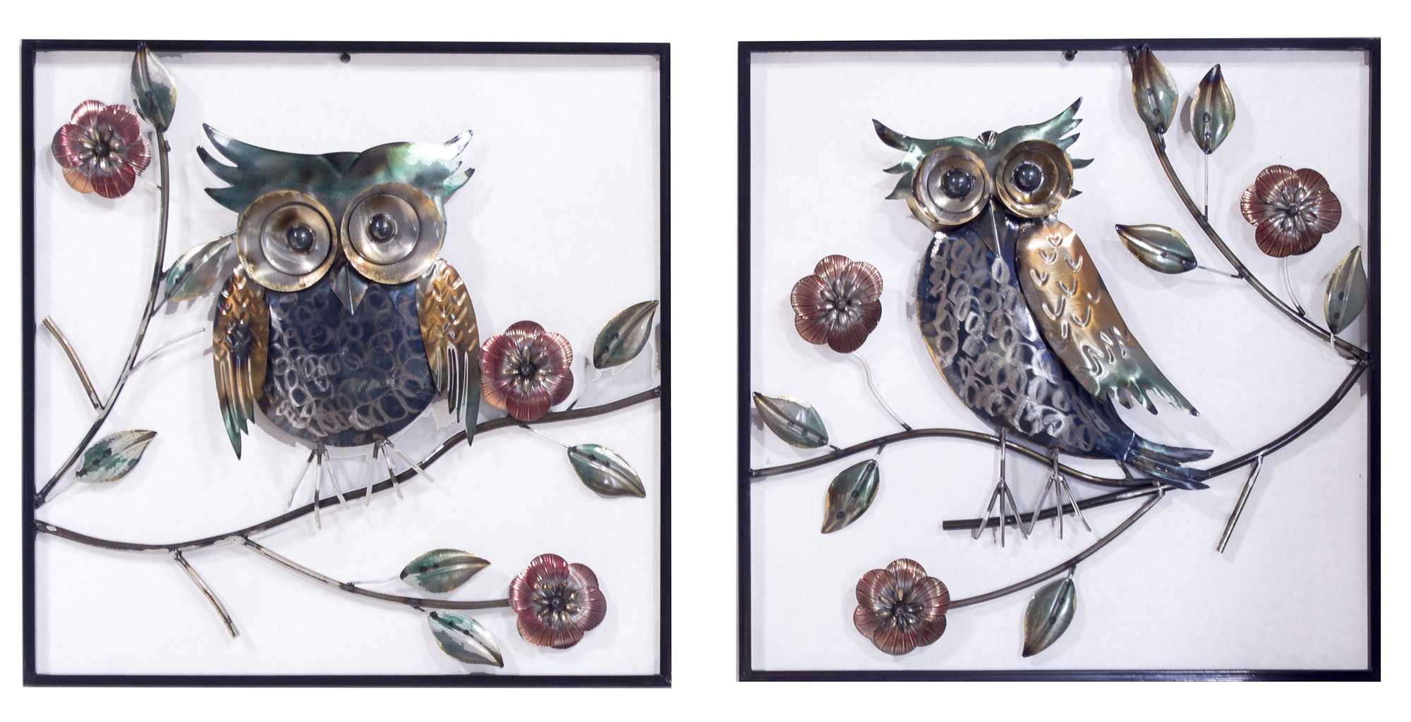 22" X 6" X 23" Metallic Multi-Color Metal Garden Owls And Sunflowers Square Wall Panel Set