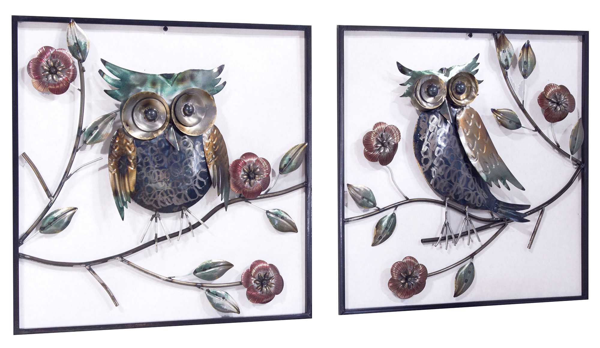 22" X 6" X 23" Metallic Multi-Color Metal Garden Owls And Sunflowers Square Wall Panel Set