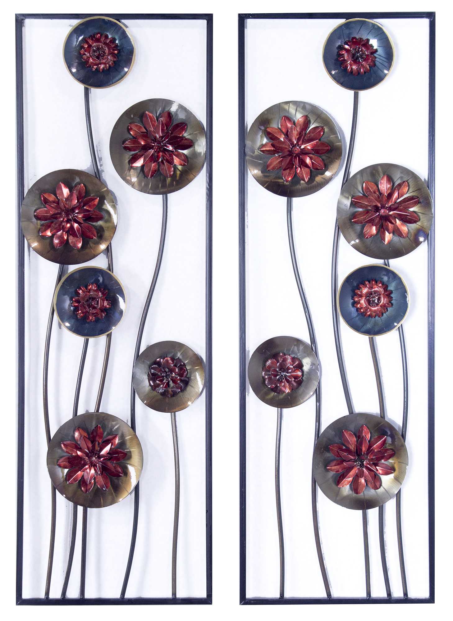 Metallic Multi-Color Abstract Red Floral Vertical Wall Art Set