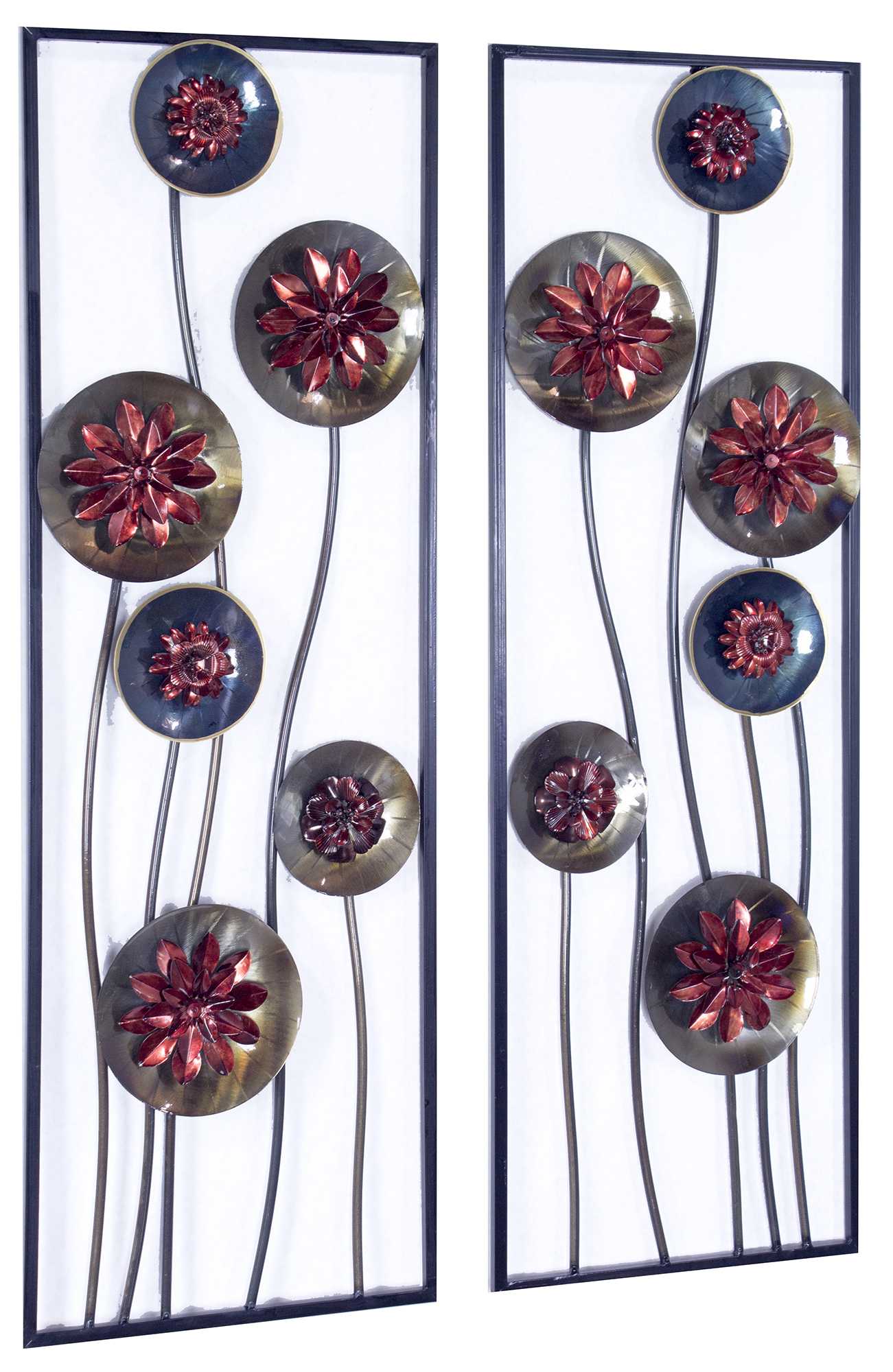 Metallic Multi-Color Abstract Red Floral Vertical Wall Art Set