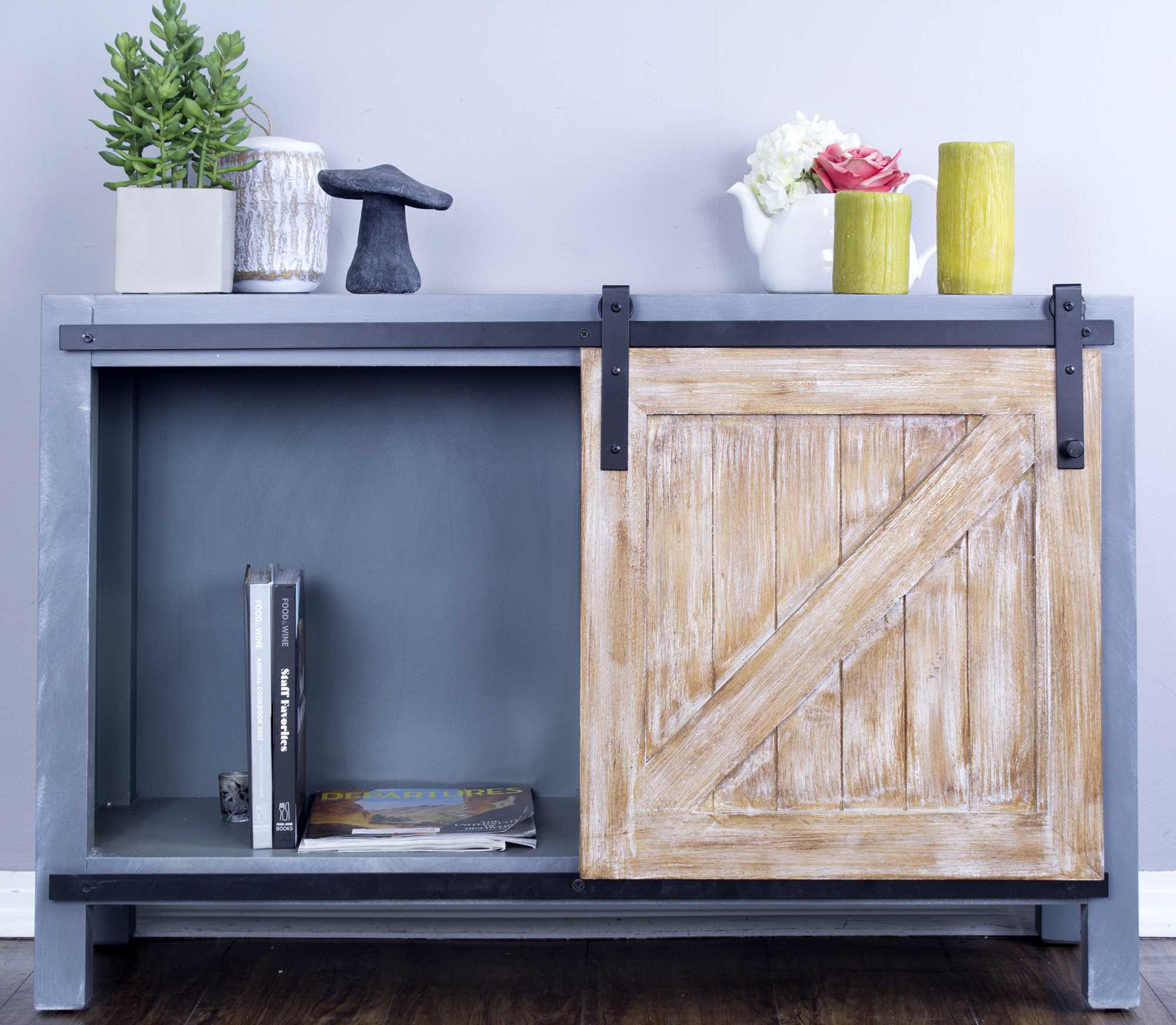 47" X 20" X 33" Gray W  Distressed Wood MDF  Wood  Iron Gray Sideboard with a Door and  Shelves