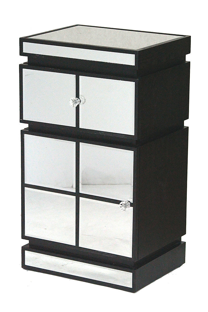 16" X 13" X 29" Black MDF  Wood  Mirrored Glass Cabinet with a Drawer and a Door
