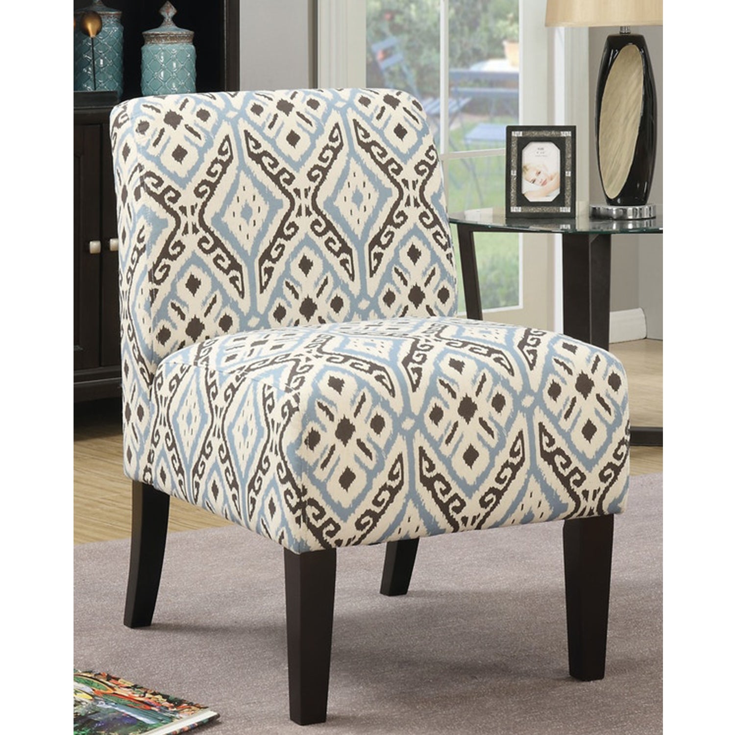 30.5" X 22.5" X 33.5" Blue And Black Pattern Upholstered Accent Chair