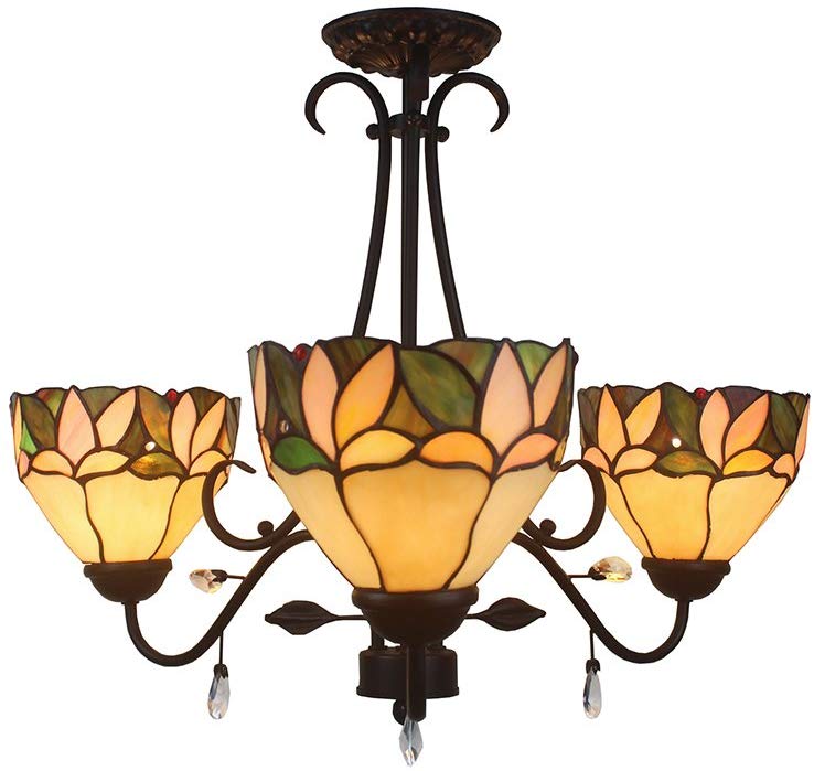 Apple 3-light Leafy 16-inch Tiffany-style with Crystals Ceiling Lamp