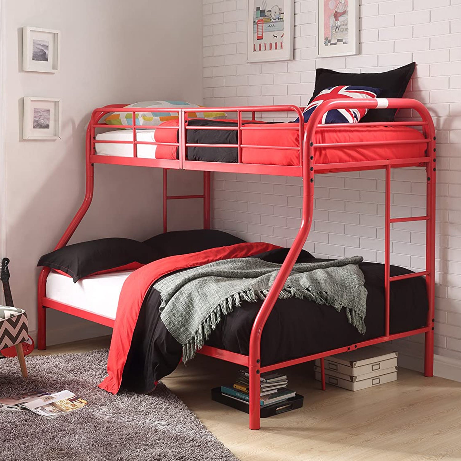 56" X 79" X 55.5" Twin Over Full Red Metal Bunk Bed