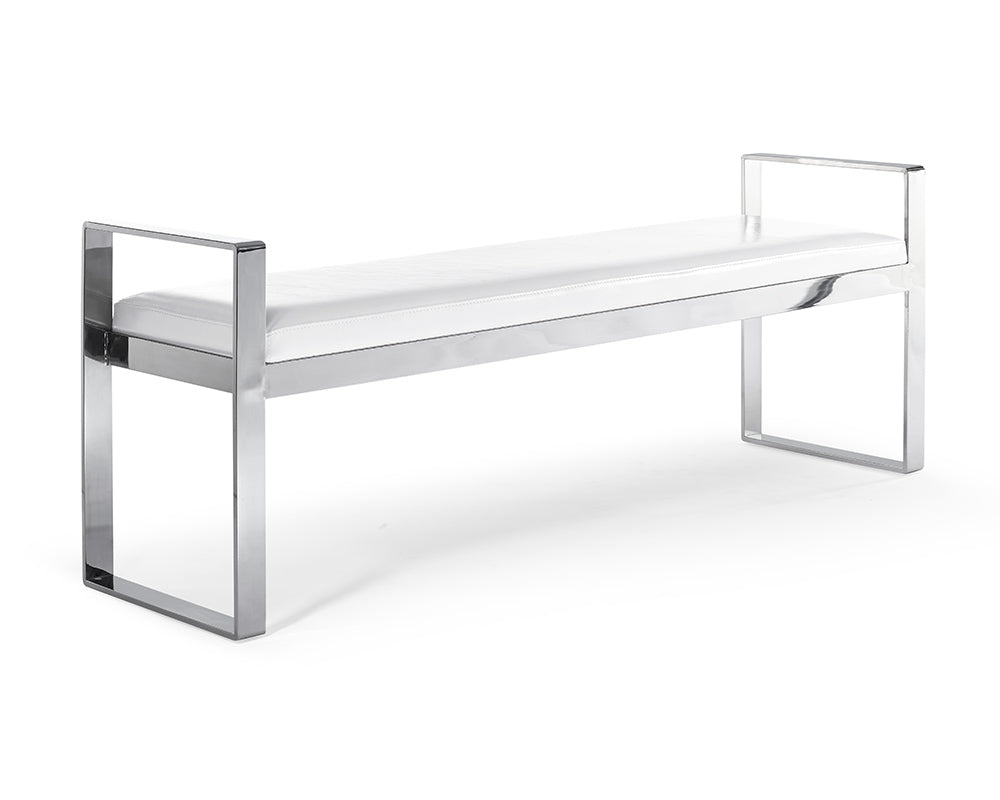Modern Bench White Faux Leather Stainless Steel Base
