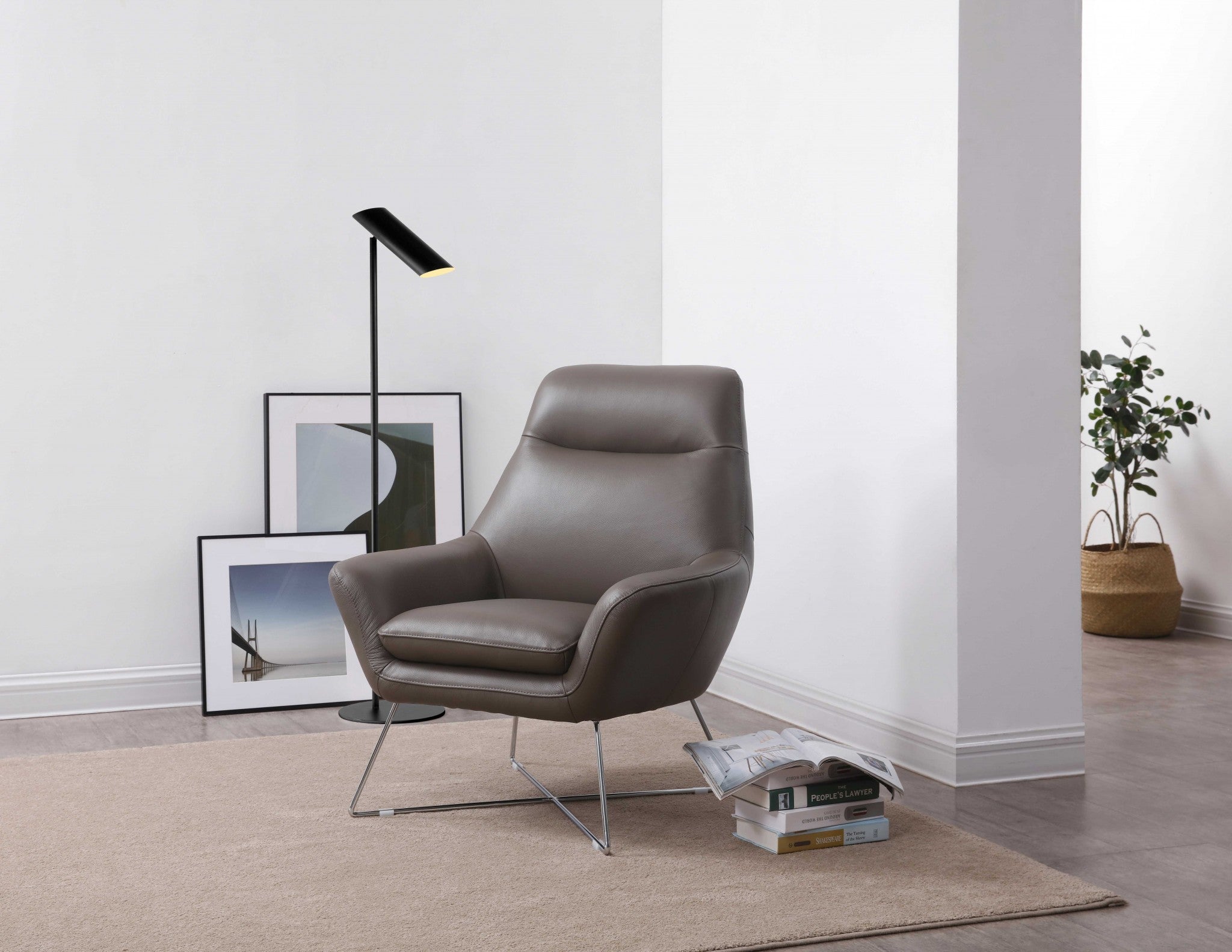 Chair Dark Gray Top Grain Italian Leather Stainless Steel Legs.