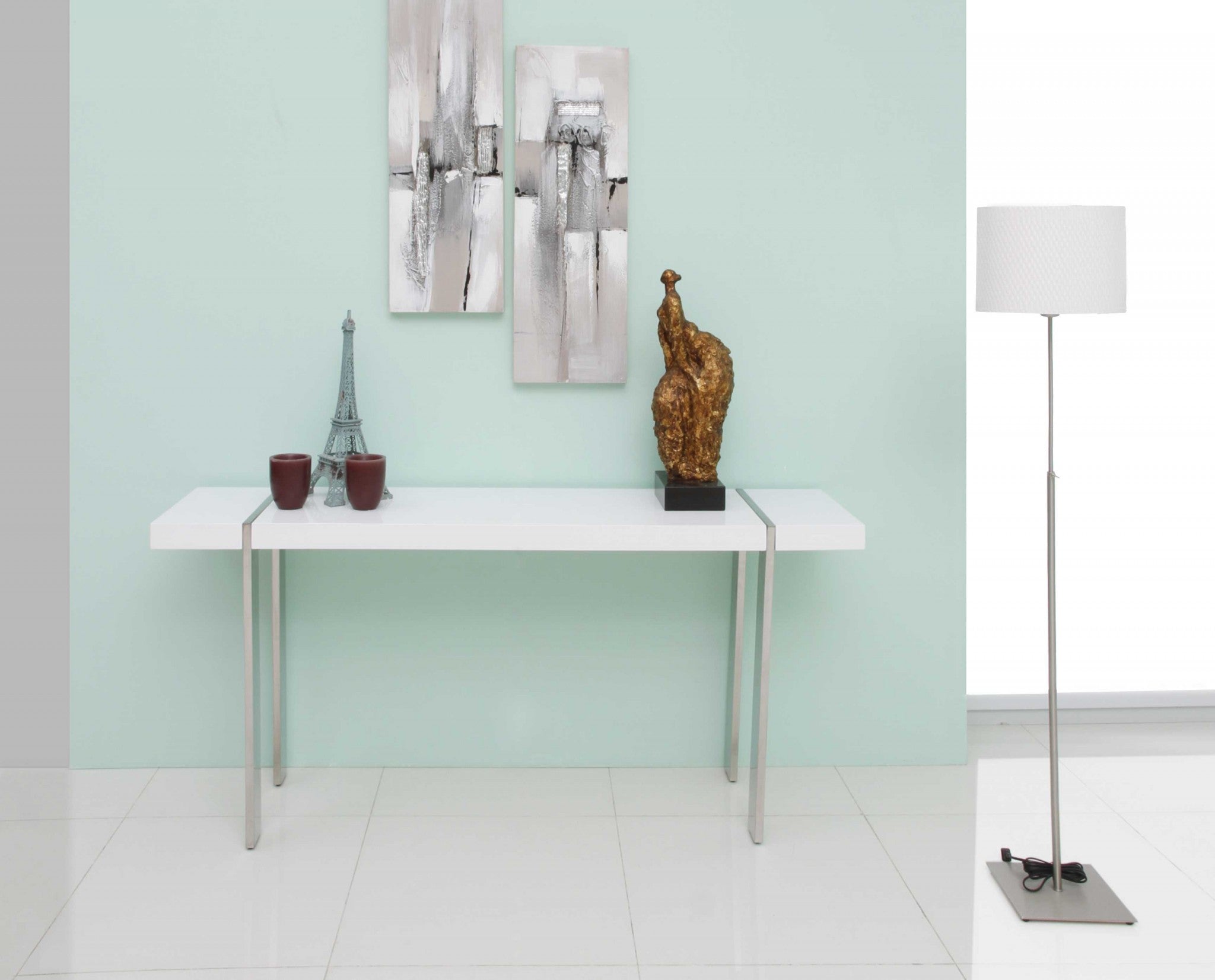 Console High Gloss White Polished Stainless Steel Legs.
