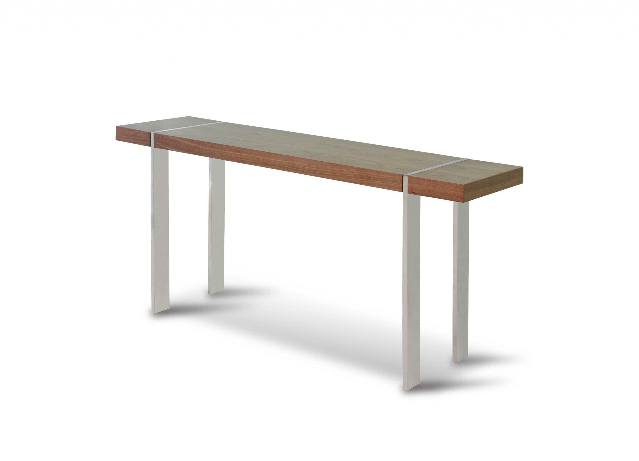 Console Walnut Veneer Polished Stainless Steel Legs.