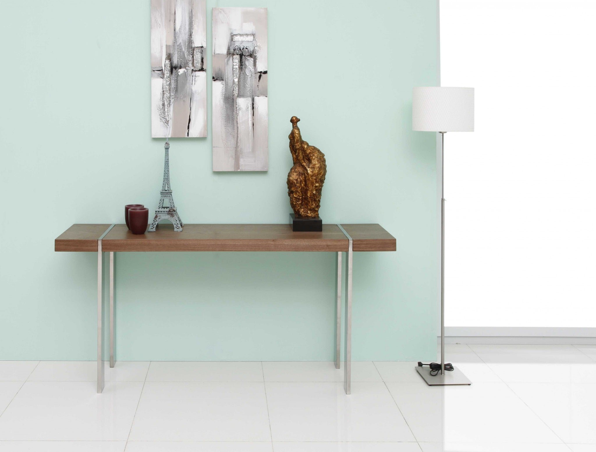 Console Walnut Veneer Polished Stainless Steel Legs.
