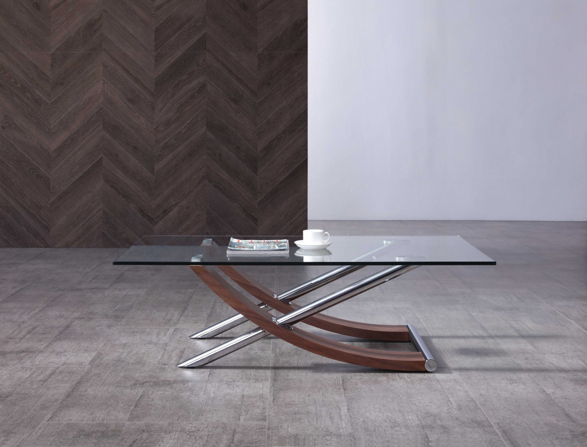 Clear Glass Natural Walnut Finish Coffee Table