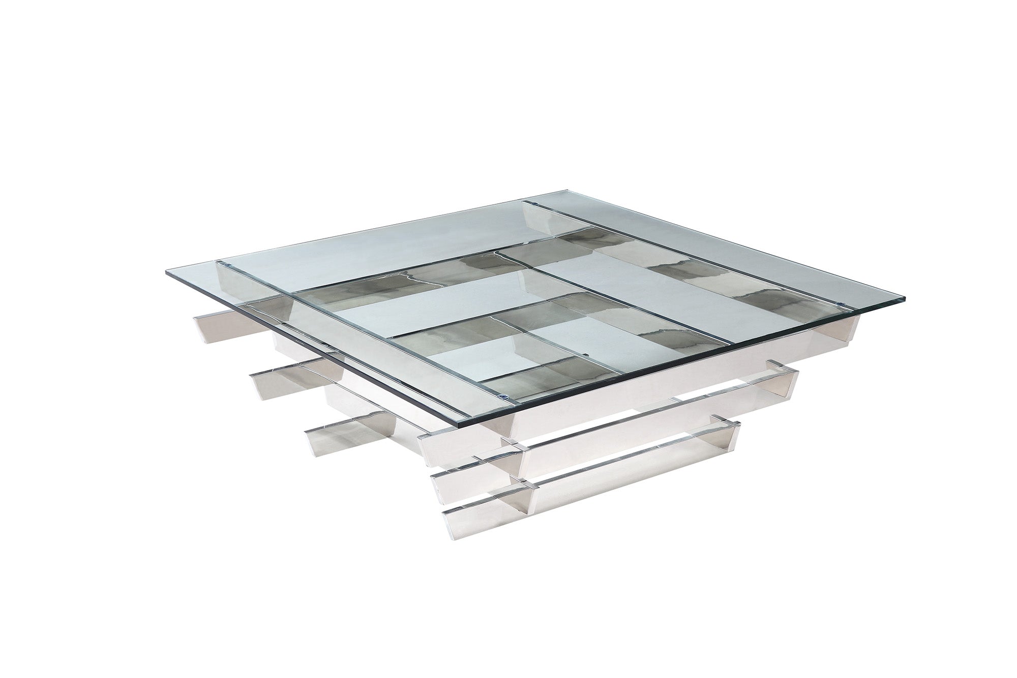 Coffee Table, Square Clear Glass, Stainless Steel Base