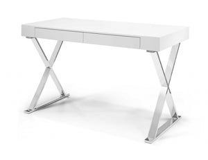 Desk Large, High Gloss White, Two Drawers, Stainless Steel Base