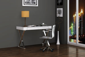 Desk Large, High Gloss White, Two Drawers, Stainless Steel Base