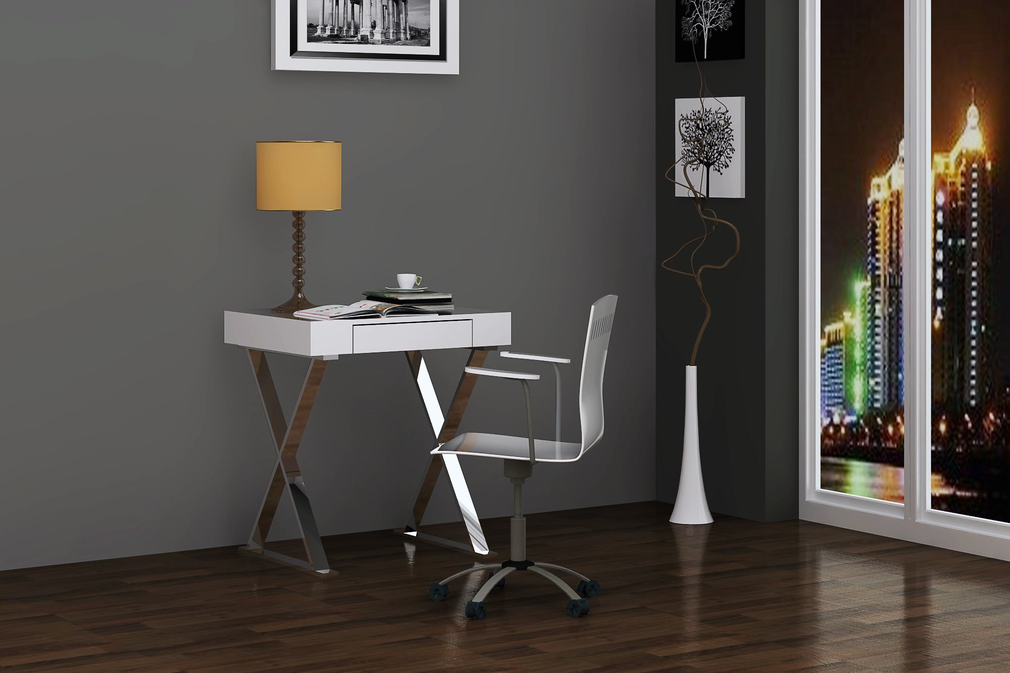 Desk Small, High Gloss White, One Drawer, Stainless Steel Base