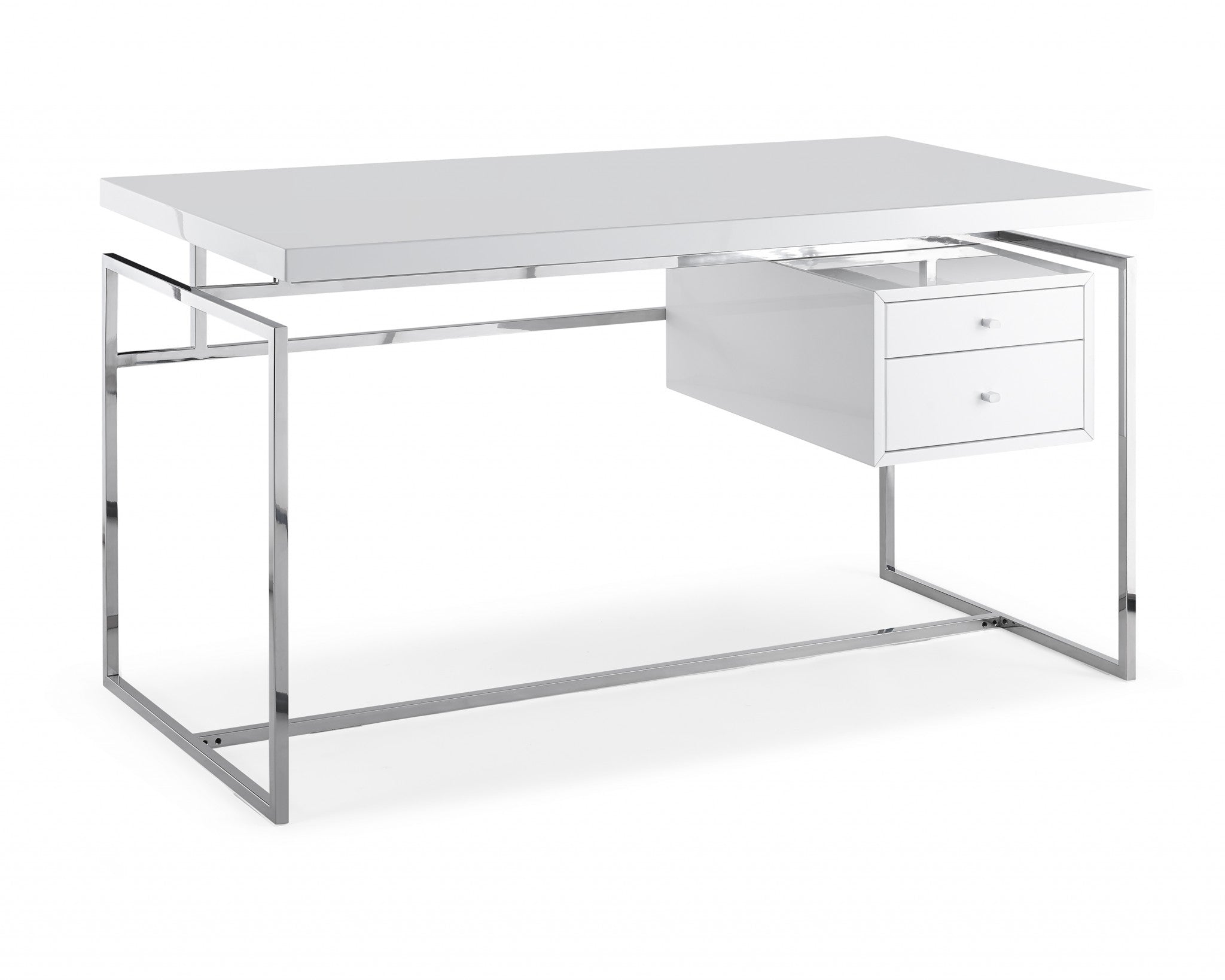 Desk Top & Drawer In High Gloss White With Stainless Steel Base
