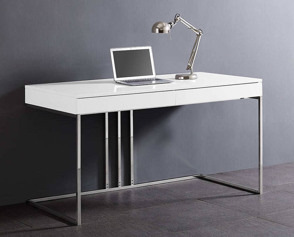 Desk In High Gloss White Lacquer With Stainless Steel Base