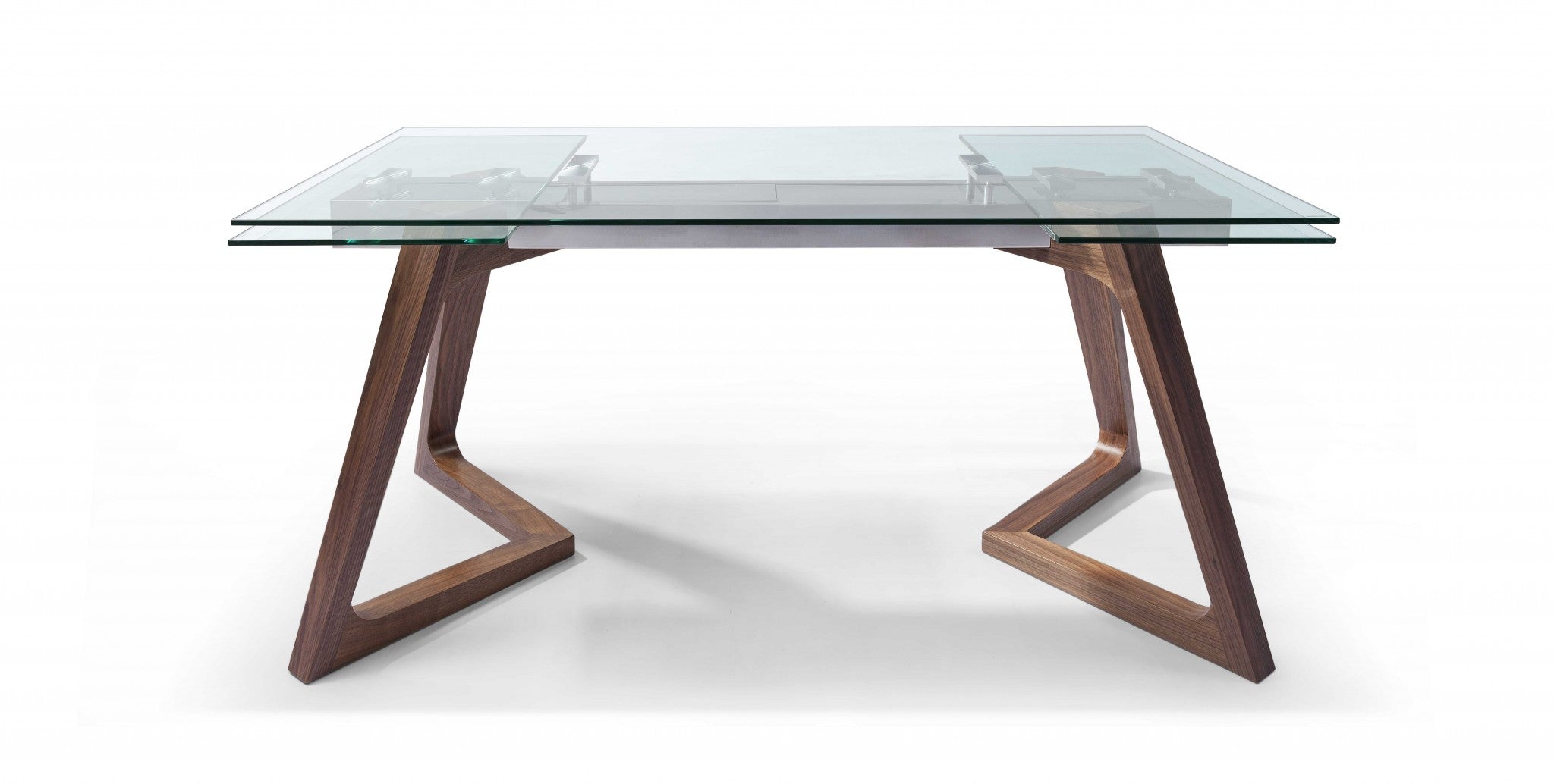 63" X 35" X 30" Walnut Glass Stainless Steel Extendable Dining Table