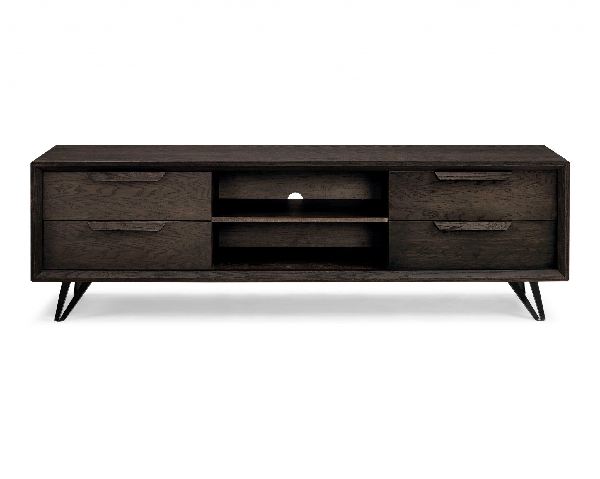 Tv Unit Oak Veneer4 Drawers Wash Grey Oak Veneer Metal Legs.