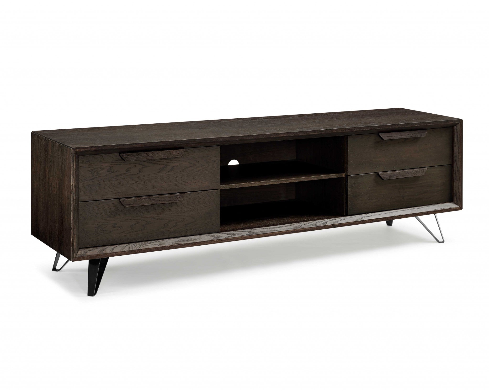 Tv Unit Oak Veneer4 Drawers Wash Grey Oak Veneer Metal Legs.