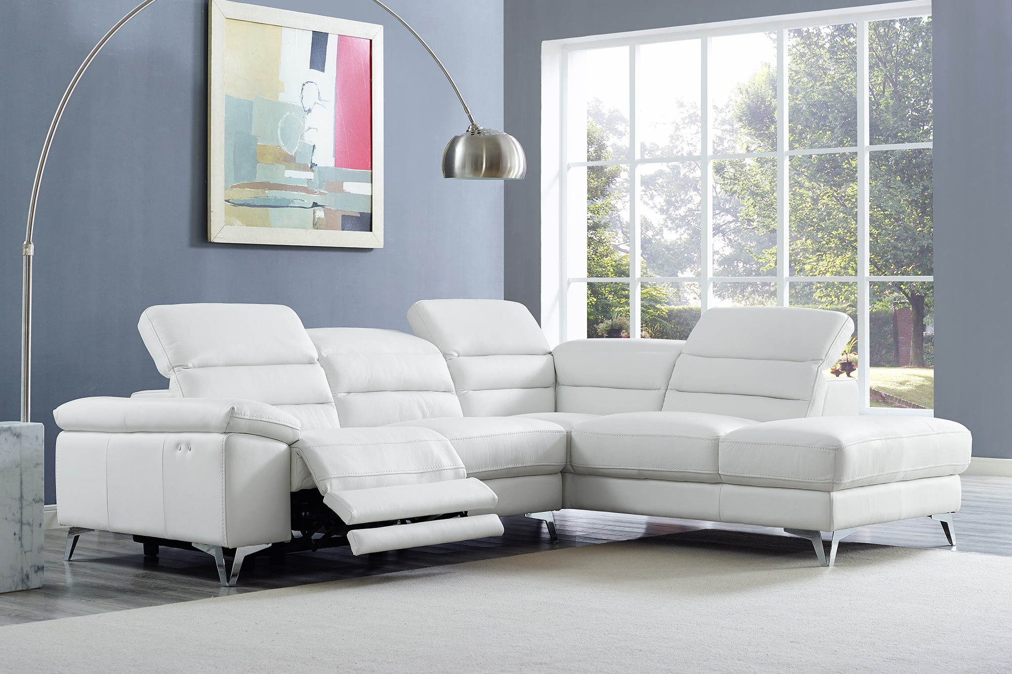 Sectional, Chaise On Right When Facing, White Top Grain Italian Leather