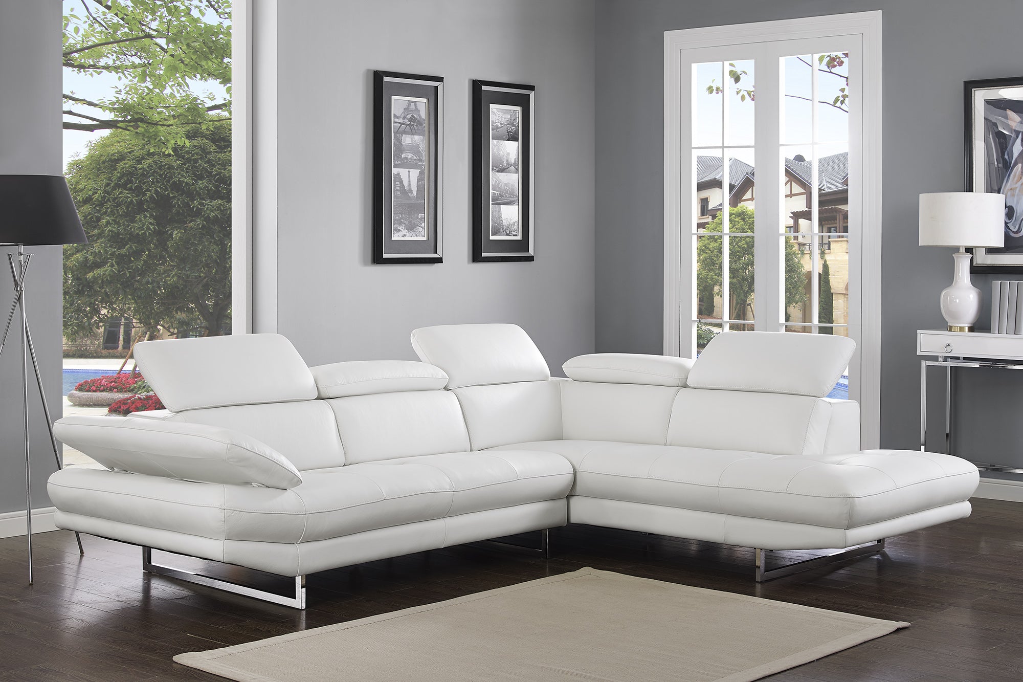 Sectional, Chaise On Right When Facing, White Top Grain Italian Leather, Adjustable Headrest Couch
