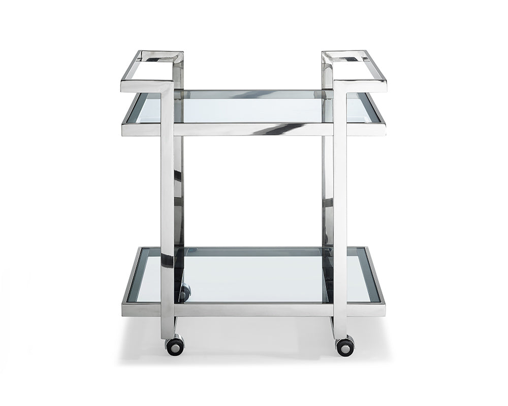 Side Table/ Bar Cart, Clear Glass, Stainless Steel Base On Castors