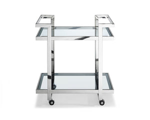 Side Table/ Bar Cart, Clear Glass, Stainless Steel Base On Castors