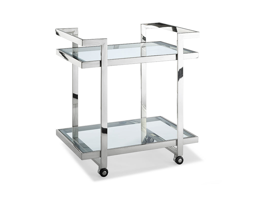 Side Table/ Bar Cart, Clear Glass, Stainless Steel Base On Castors