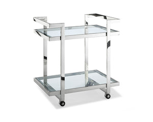 Side Table/ Bar Cart, Clear Glass, Stainless Steel Base On Castors
