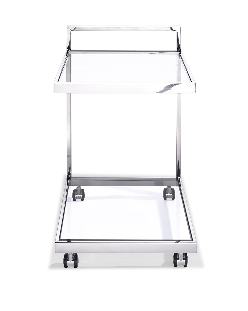 Side Table/ Bar Cart, Clear Glass, Stainless Steel Base On Castors