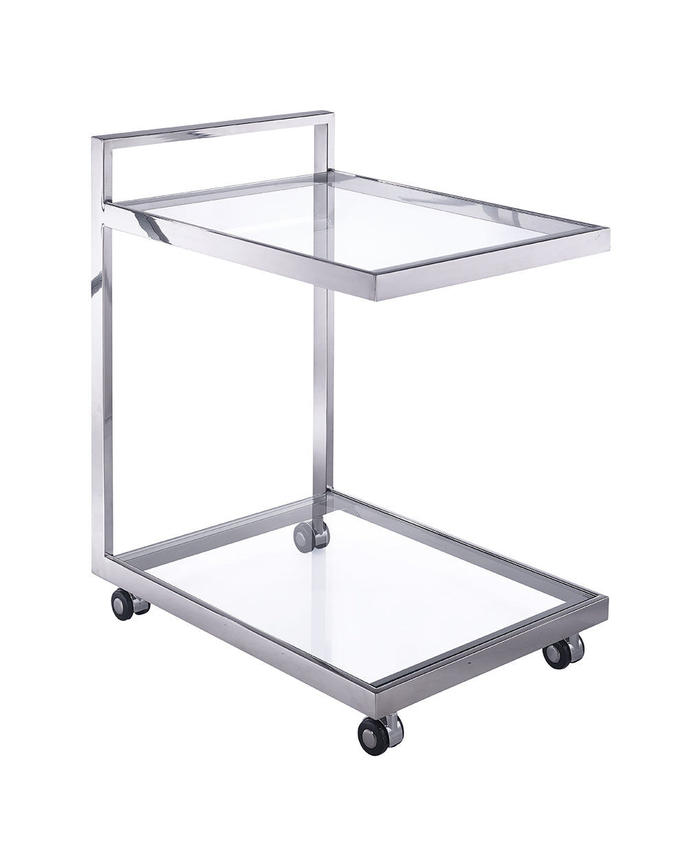 Side Table/ Bar Cart, Clear Glass, Stainless Steel Base On Castors